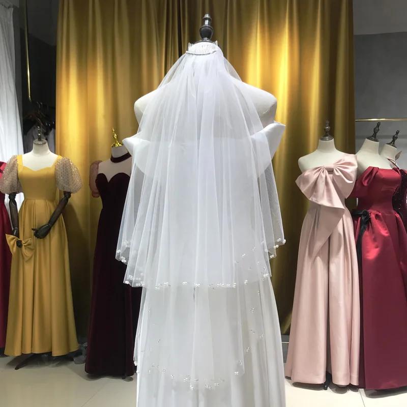 2022 진주 신부 베일 우아한 흰색 두 레이어 베일 Trave 크라운 액세서리 웨딩 드레스 Tulle 웨딩 베일